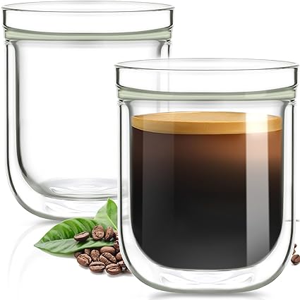 Aquach Double Wall Glass Espresso Coffee Cup 8 oz. 2pcs, Clear Drinking Glasses Insulated, Single Wall Mouth/Double Wall Body