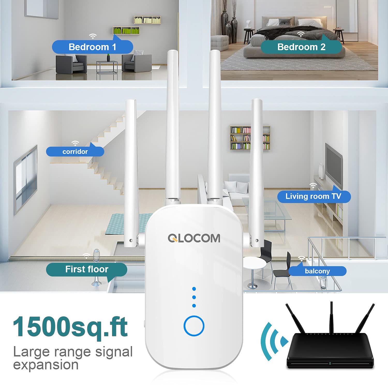 QLOCOM 1200M WiFi Range Booster WiFi Répéteur Extenseur Sans Fil