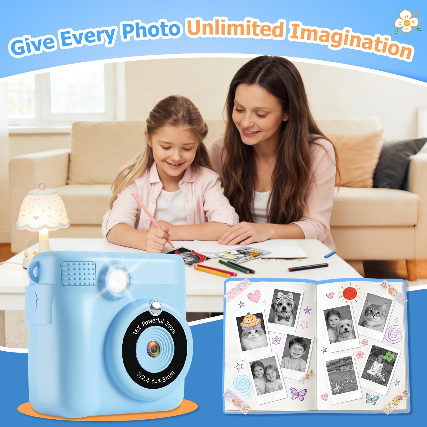 GKTZ Kids Camera Instant Print - 2.4" Eye-Care Digital Video Camera for Toddlers & Kids Ages 3-12, with 3 Rolls Paper & 32GB SD Card, 1080P, 18 Frames, Birthday for Boys Girls
