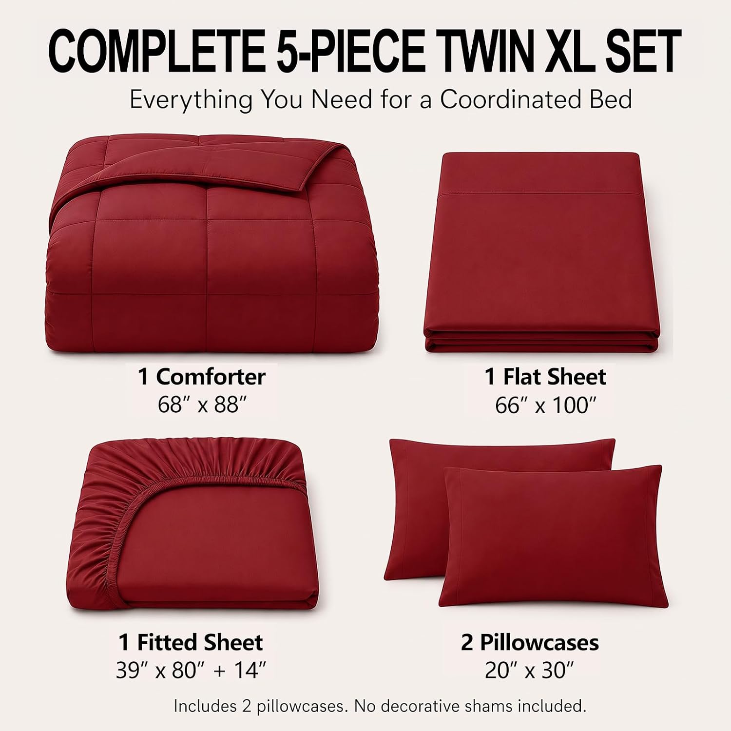 Twin XL Comforter Set Dark Red - 5 Pieces Twin XL Bed in a Bag | College Dorm Essentials, OEKO-TEX Certified, All Season, Down-Alternative Comforter + Flat & Fitted Sheets + 2 Pillowcases thumbnail
