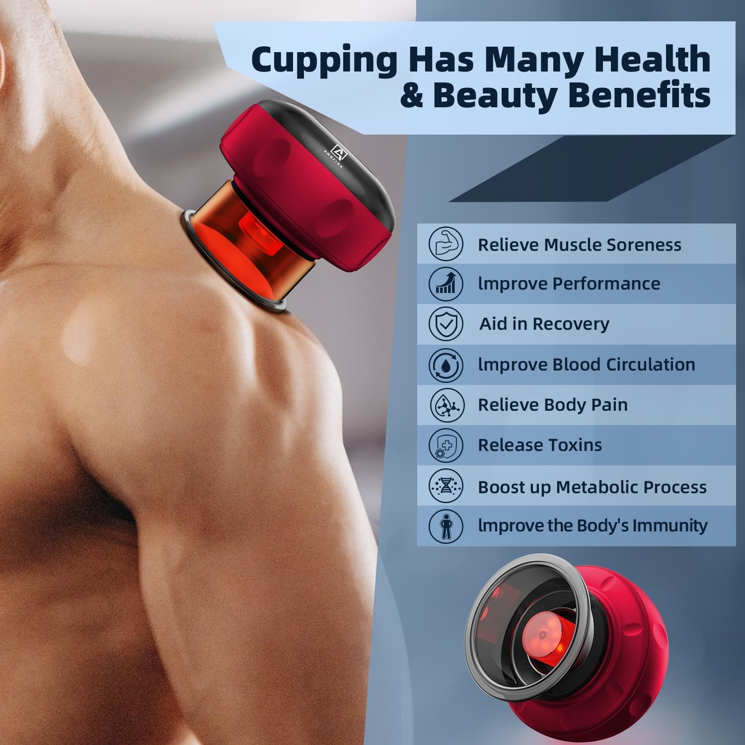 5-in-1 Cupping Kit for Massage Therapy, 12 Levels Smart Dynamic Cupping Set with Red Ligh-t Therapy&Heat Penetrates for Targeted Pain Relief, Knots, Aches, Muscle Soreness - 2Pcs(Red&Red)