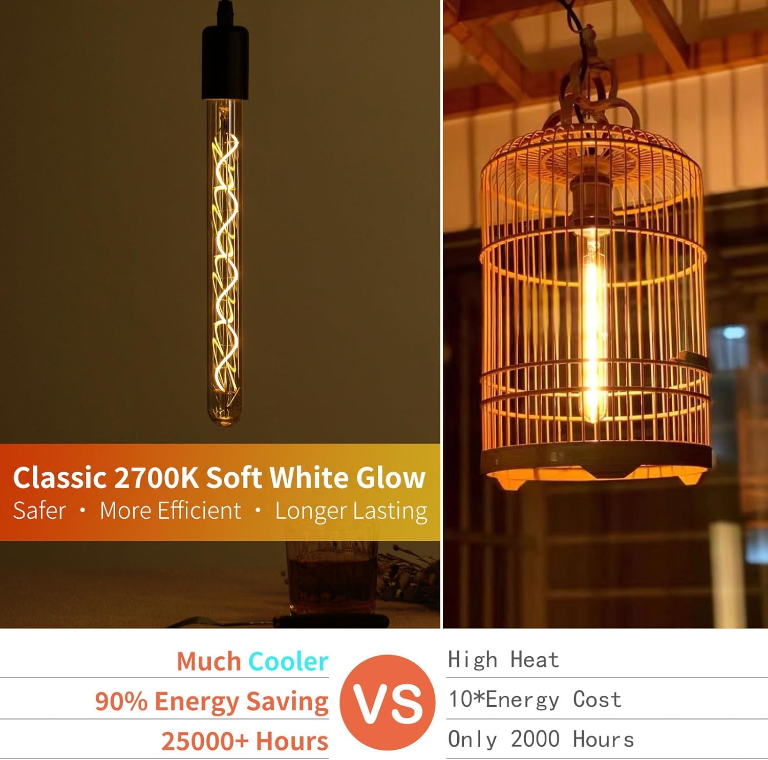 E26 T10 12 Inch Long Tubular LED Edison Bulbs, 6W(60W Eqv) 120V, 2500K Warm White, Dimmable, Spiral Filament, Amber Glass, One Ft Long Lighting Tube, Vintage Decorative Bulbs, 2 Pack