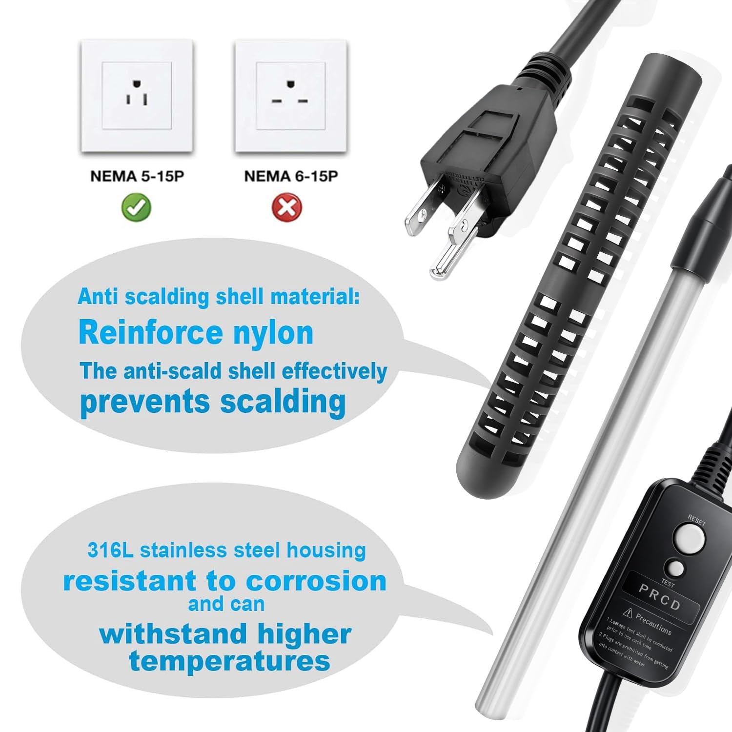 120V 1800W Immersion Water Heater,Submersible Portable Electric Heater GFCI Protected,Stainless Steel 316L with Digital LCD Thermometer for 26 Galons Bucket, Bath Tub,Stock Tank Heater