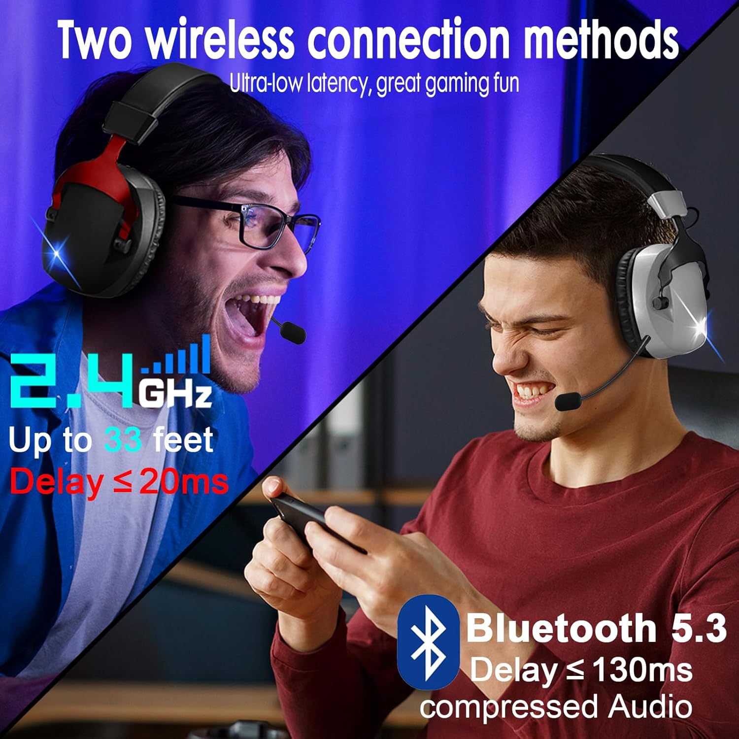 Wireless Gaming Headset for PS5, PS4, PC, Nintendo Switch, 2.4GHz USB Gaming Headphones, Bluetooth 5.3, 50H Battery, Noise Canceling Microphone, ONLY 3.5mm Wired Mode for Xbox Series-Black and Red