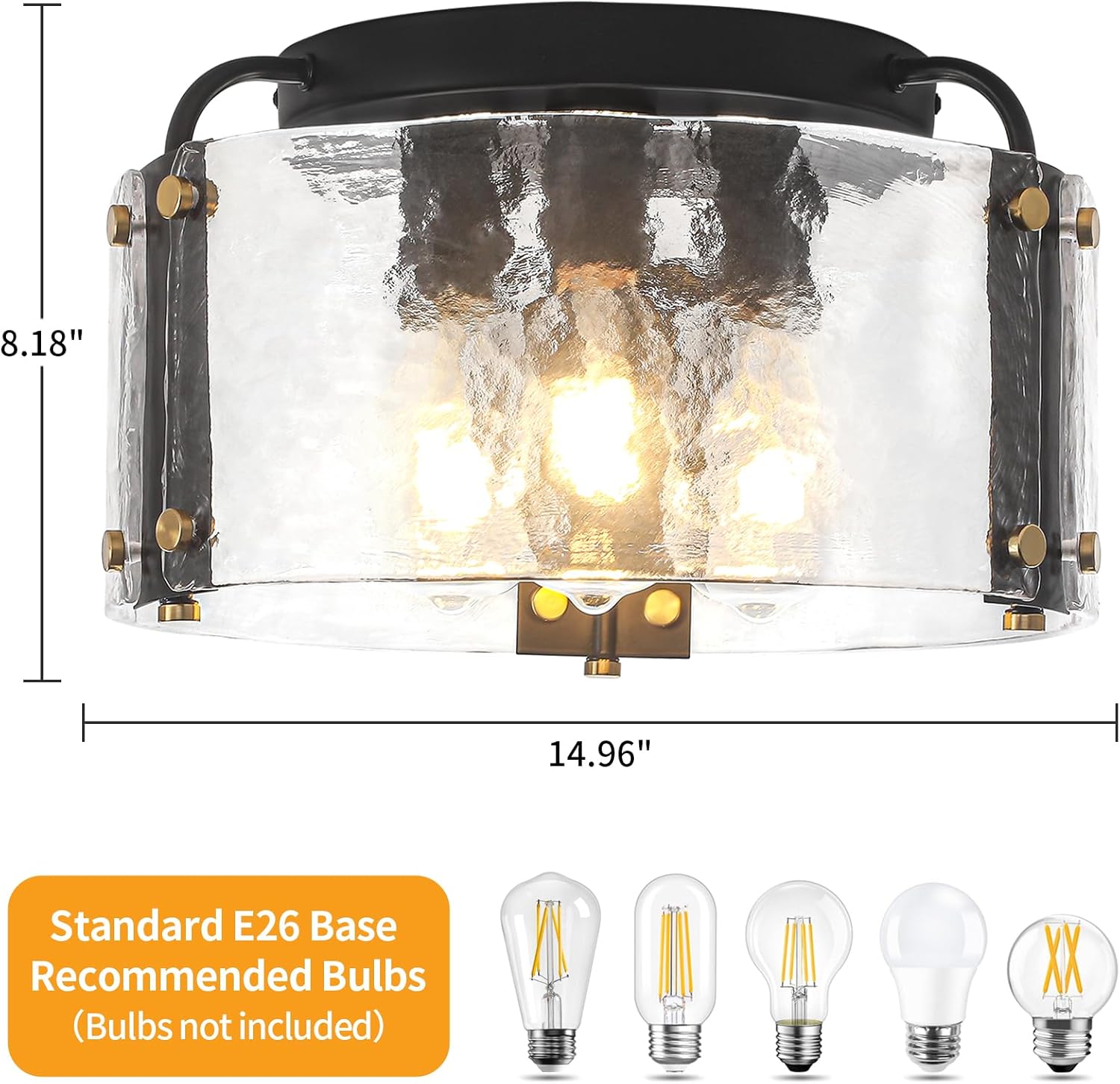 TOULMJ 15'' Black Semi Flush Mount Ceiling Light, 3-Light Modern Entryway Light Fixtures Hammered Glass Kitchen Lighting Fixtures Hallway Ceiling Lights for Bathroom Bedroom Foyer Laundry Dining Room