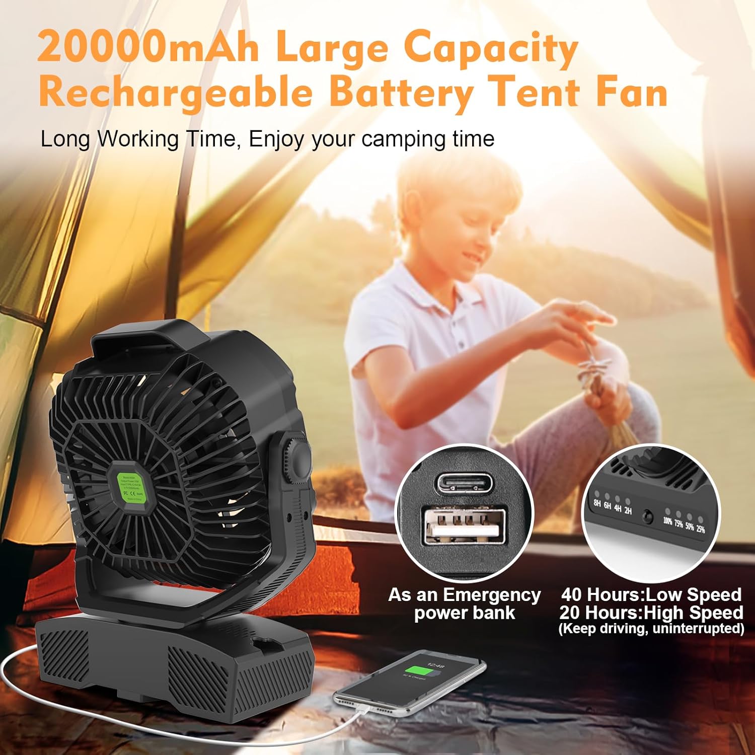 RUNTOP 20000mAh Camping Fan, Oscillating High Speed Rechargeable Battery Operated Fan w/RGB Light,Remote,Hanging Hook, Outdoor Portable Fans Battery Powered Personal USB Desk Fan for Tent, Travel