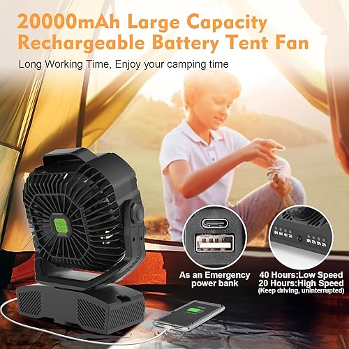 Vista 3 de RUNTOP Ventilador de campamento de 20000 mAh, ventilador oscilante recargable de alta velocidad con luz RGB, control remoto, gancho para colgar