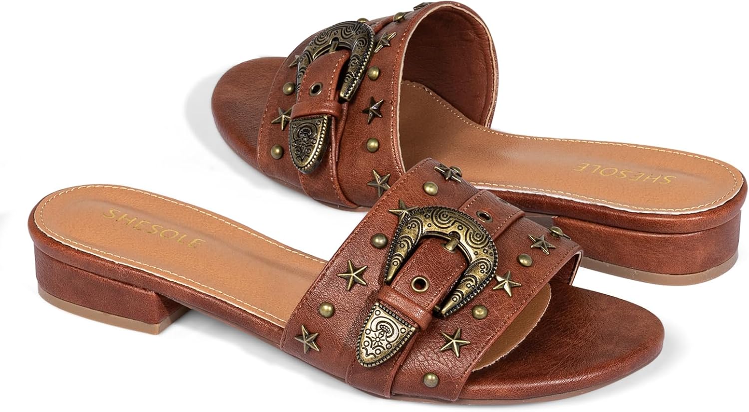 SheSole Women's Wide Width Dressy Slide Sandals Comfortable Low Block Heel Studded Summer Beach Sandals Fashion Casual Open Toe Slip On Brown Slides