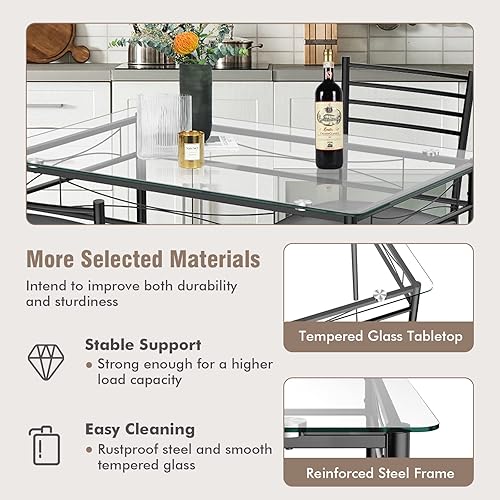 Miniatura 7 de Tangkula Juego de mesa de comedor, 5 piezas con mesa superior de vidrio templado y 4 sillas, muebles de cocina y comedor, color negro Negro
