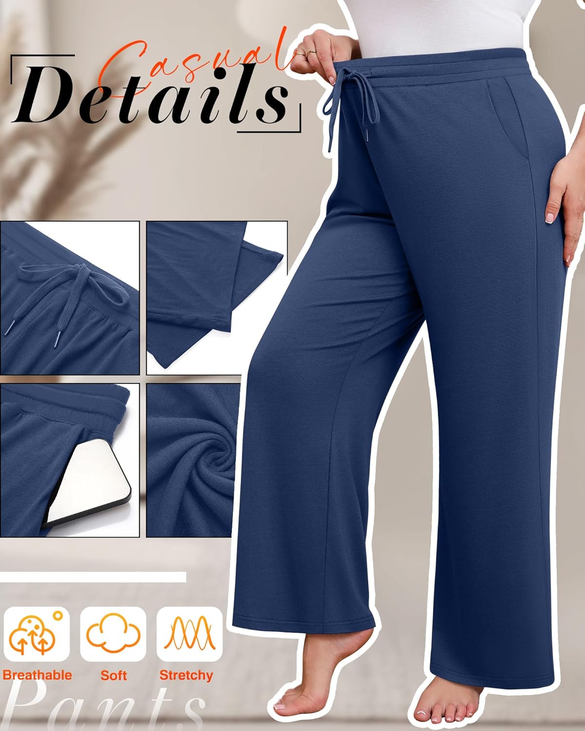 Huukeay 3 Pack Women's Plus Size Pants Wide Leg Yoga Pants Baggy Lounge Sweatpants with Pockets Drawstring High Waist Jogger - Image 3