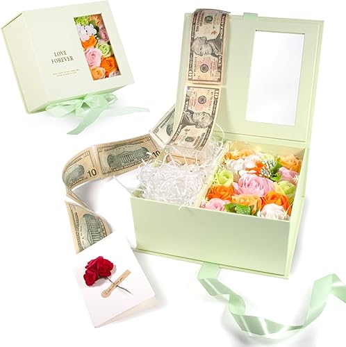 Money Pull Box for Cash Gift - Gift Box with Lid and Ribbon Luxury Money Pull Out Flower Gift Box Unique Birthday Surprise Gift Green