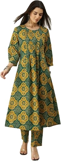 INDO ERA Women's Pure Cotton Printed Ethnic Motifs A-Line Kurta & Pant Set (IESTR12487)