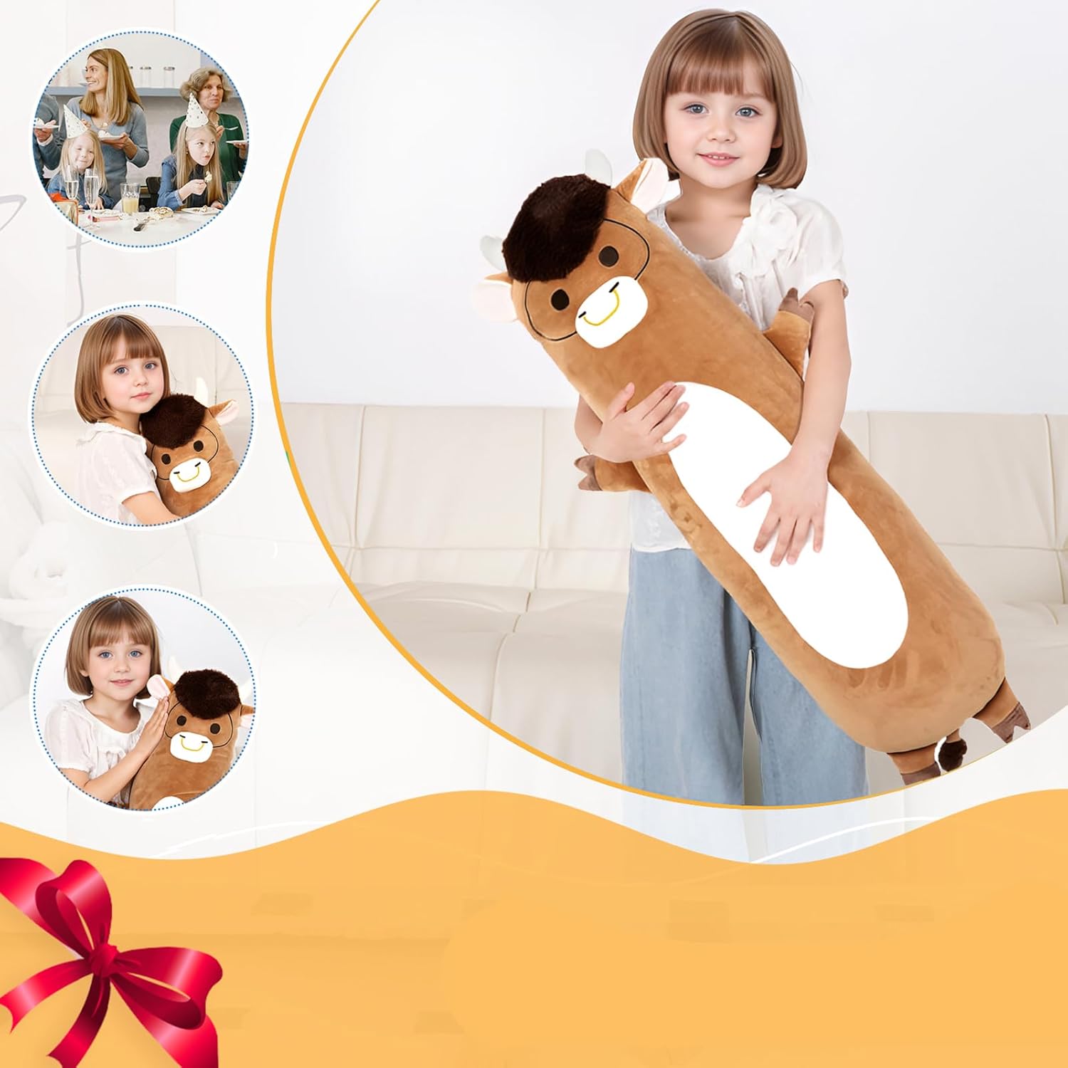 Tianmihou 36 inch Giant Highland Cow Stuffed Animals Cute Long Plush Pillow Toy, Soft Large Highlan Brown Cow Squishy Animal Plushies Gift for Kids Boys and Girls, Birthday
