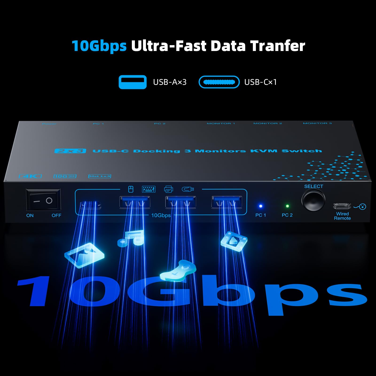 2 Laptops 3 Monitore KVM Switch 2 Port MST Dual USB-C Docking KVM Unterstützung für drei Monitore Max 10 Gbit/s USB-Übertragung Zwei 4K@60Hz- und ein 1080P@60Hz-Videoausgang 100 W PD-Ladefunktion