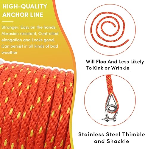Vista 64 de Cuerda de anclaje premium de 100 pies x 3/8 pulgadas, cuerda marina de línea de anclaje MFP trenzada sólida con dedal y grillete, color negro