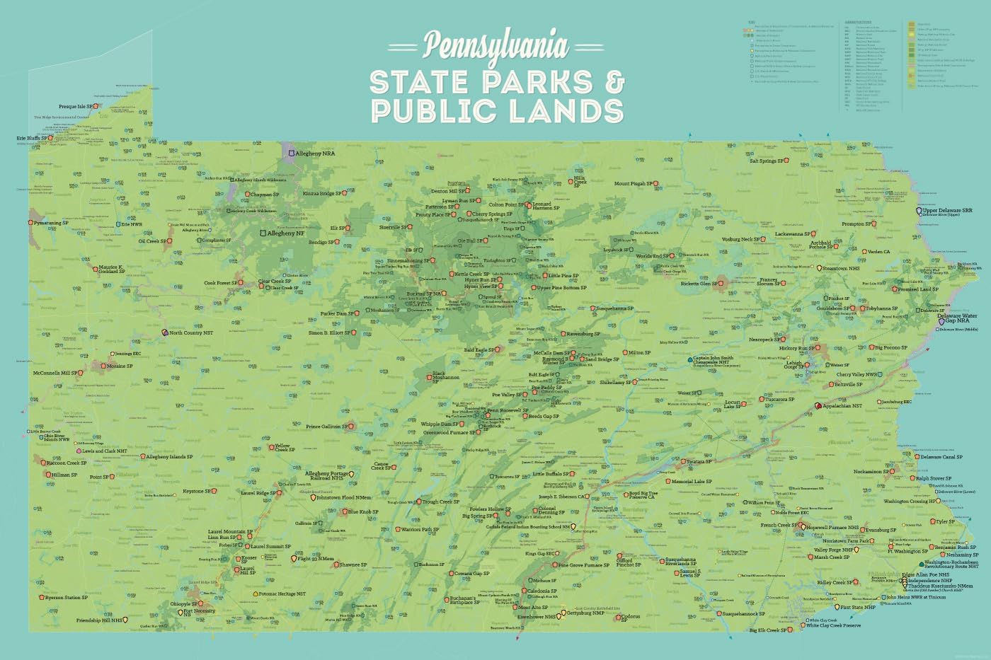 Pennsylvania State Parks & Public Land Map 24x36 Poster (Green & Aqua)