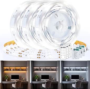 3 Pack 6.6FT LED Strip Lights Battery Powered, Warm White and Cold White LED Light Strip Battery Powered, Flexible and Cuttable Cabinet Light, LED Strip Light with Remote for Shelves Closet Kitchen