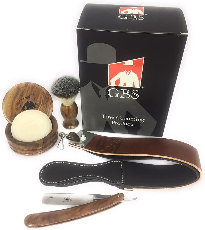 Kit de barbear G.B.S com navalha de aço inoxidável e cabo de madeira, tigela de madeira, pincel e tira de couro