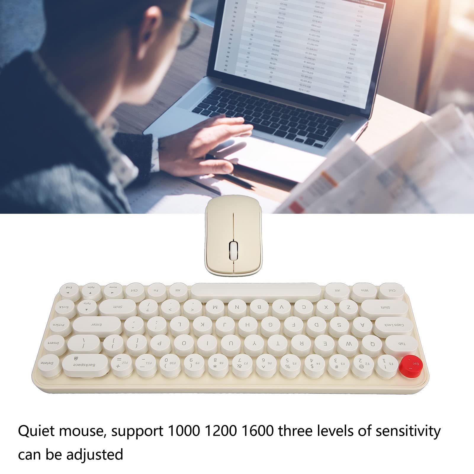 Samst Combo de Teclado y Mouse Inalámbricos, Teclado de Máquina de Escribir Inalámbrico de 2,4 GHz, Teclado Mecánico para Juegos de 68 Teclas con Lindas Teclas Redondas para (Beige)