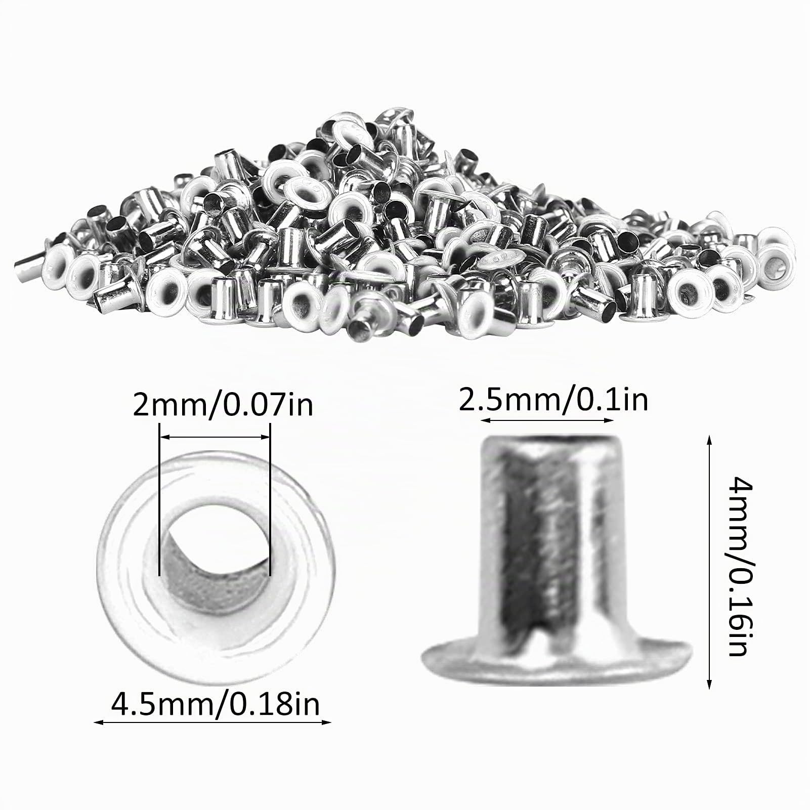 Kit Occhielli in Ottone, 500 Pezzi, 2 mm Foro Interno, Occhielli Metallici Rotondi per Vestiti, Scarpe, Borse in Pelle, Artigianato