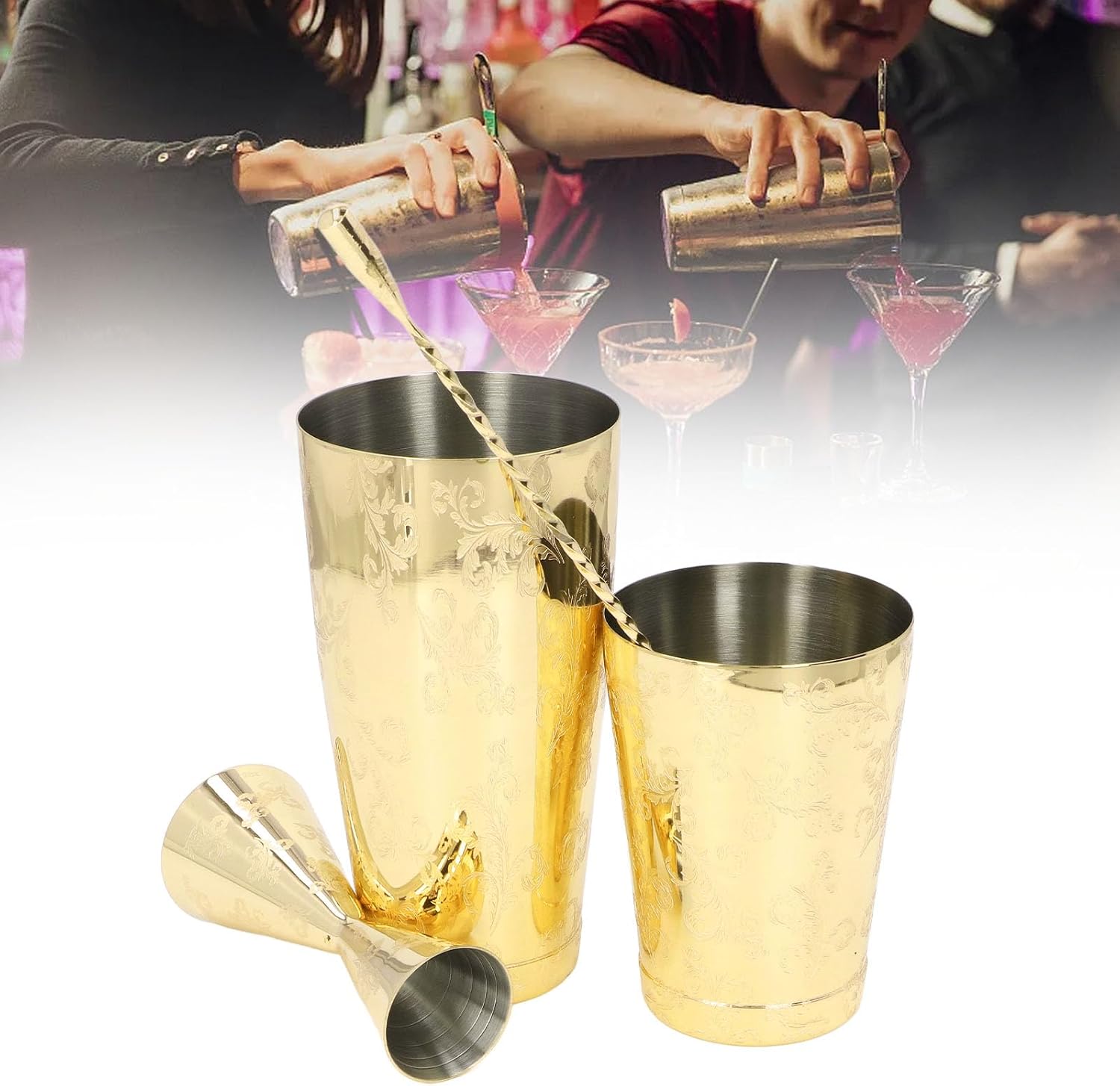 Boston Cocktail Shaker Set 304 Stainless Steel Vintage Print Bartender Tool Kit with Strainer for Home Bar Mixing (Type 3)