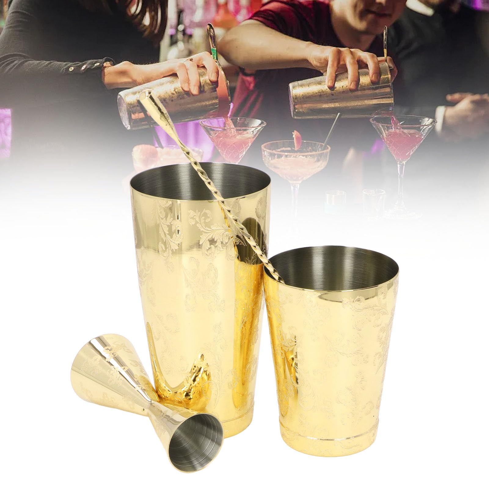 Juego de coctelera Boston, Lata y Taza para Mezclar de Acero Inoxidable 304 con Jigger y Cuchara de onzas, colección de Herramientas de Bartending (Conjunto Tres)