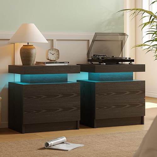 Miniatura 13 de Juego de 2 mesitas de noche LED, juego de 2 mesitas de noche modernas, tiras de luz LED multicolor, cajón deslizante, almacenamiento de gran