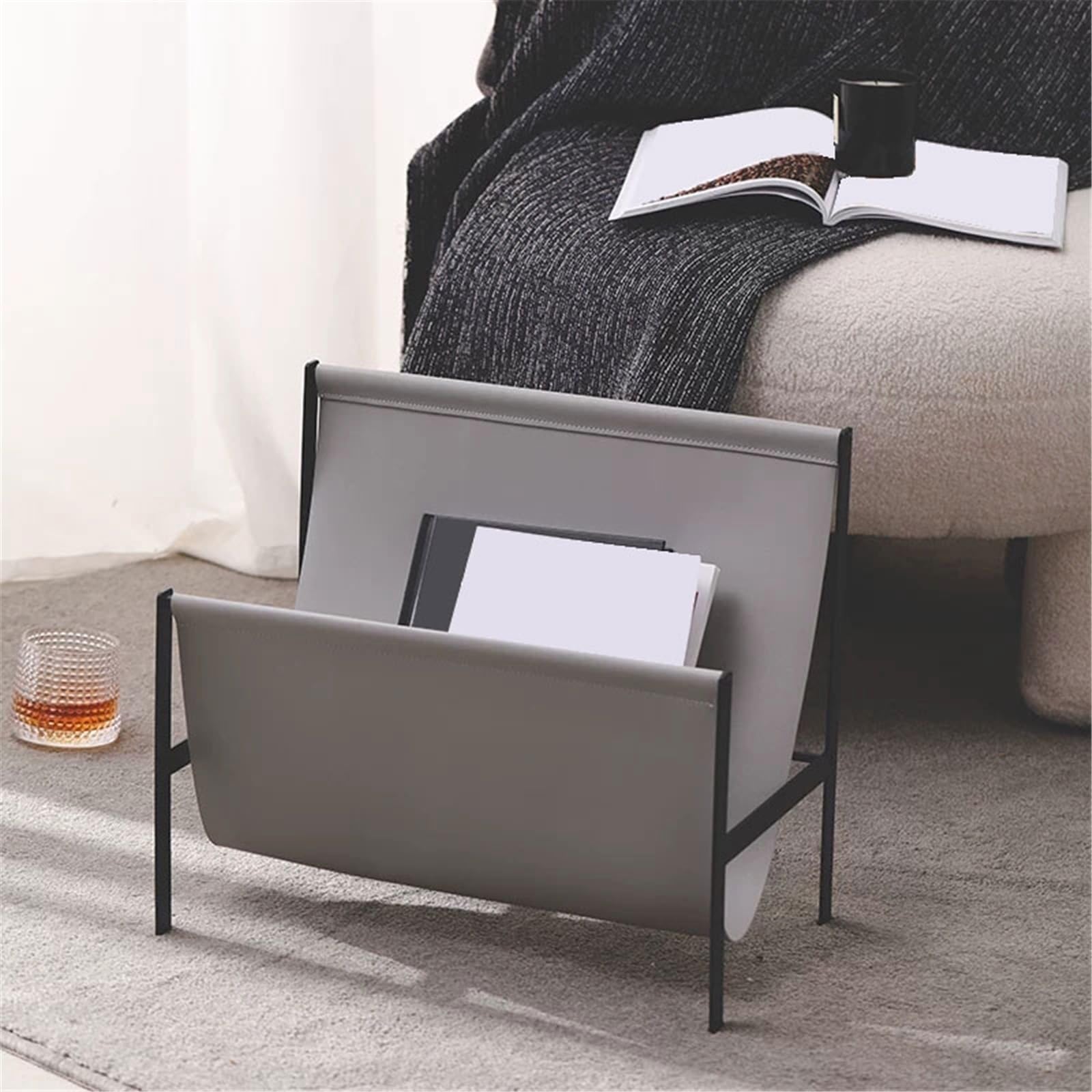 Bücherregal Vintage-Minimalismus-Lederboden, kleines Bücherregal, multifunktionaler Zeitungsständer(Grigio)