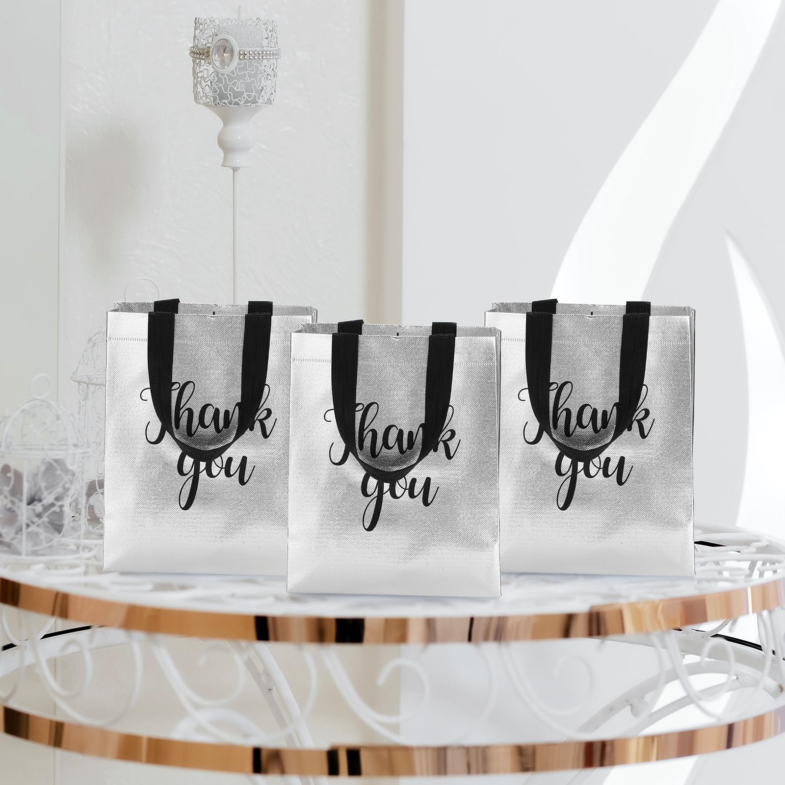 Fumete 50 Pcs Silver Glossy Thank You Gift Bag with Handles 8 x 4 x 10 Inch Non Woven Reusable Gift Bags for Graduation Fathers Day Wedding Birthday Party Engagement Anniversary Holidays