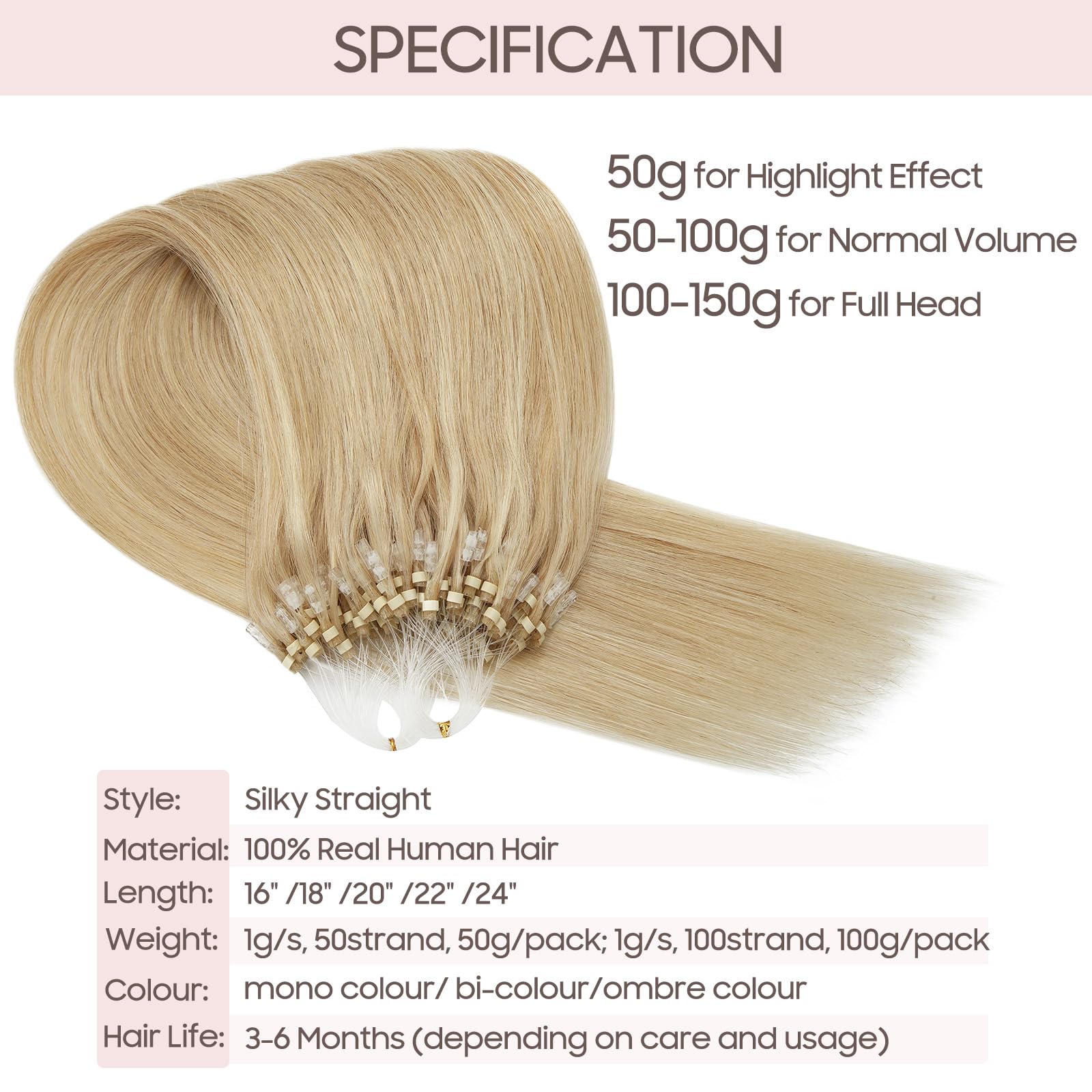 Silk-co (40-60Cm) Extension Capelli Veri Anellini 100 Ciocche #18P613 Biondo Cenere/Biondo Sbiancante Microring Anelli 0.5G/Ciocca Remy Human Hair