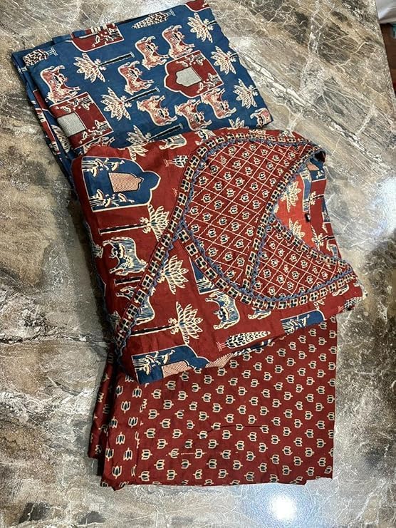 Women's Anarkali Block Indigo Printed Cotton Kurta & Pant with Dupatta Set