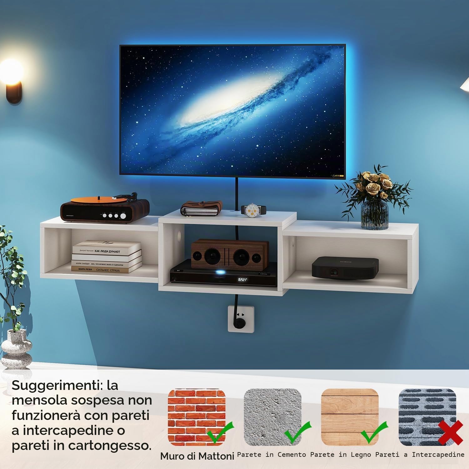IBUYKE Supporto TV galleggiante da parete, mobile TV in legno, mensola per console multimediale, mobile mobile per TV sotto la TV, per soggiorno, camera da letto, ufficio, bianco WST013W