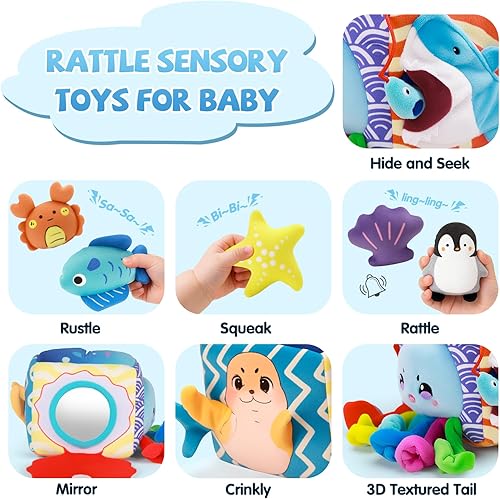 Miniatura 5 de Montessori - Juguetes para bebés de 6 a 12 meses, caja suave misteriosa con 5 animales marinos de felpa, sonajero, arruga y espejo, divertidos