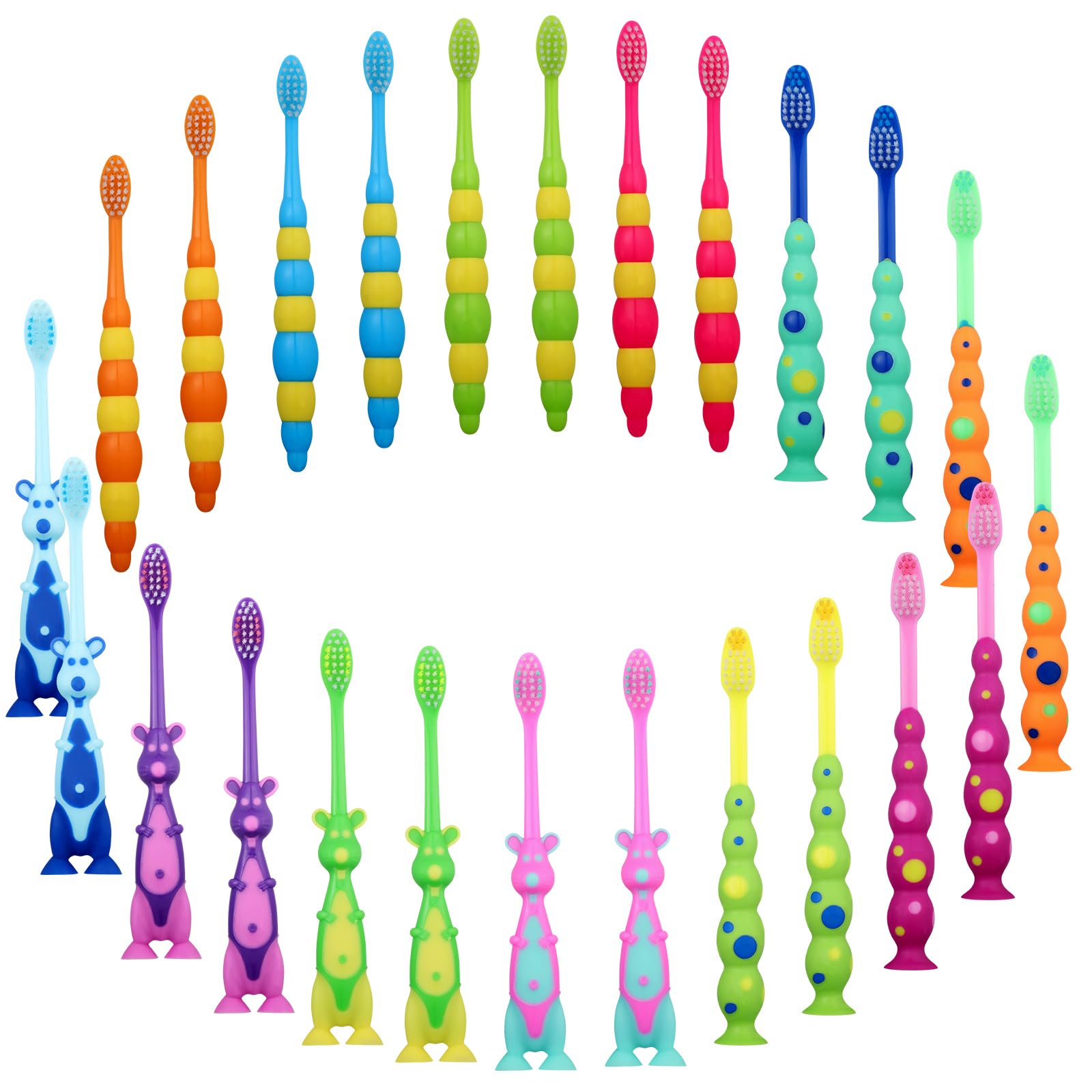 36 cepillos de dientes para niños pequeños, paquete de cepillos de dientes manuales para bebés con cubiertas, cepillo de dientes con ventosa, cepillo de dientes de animales de cerdas suaves