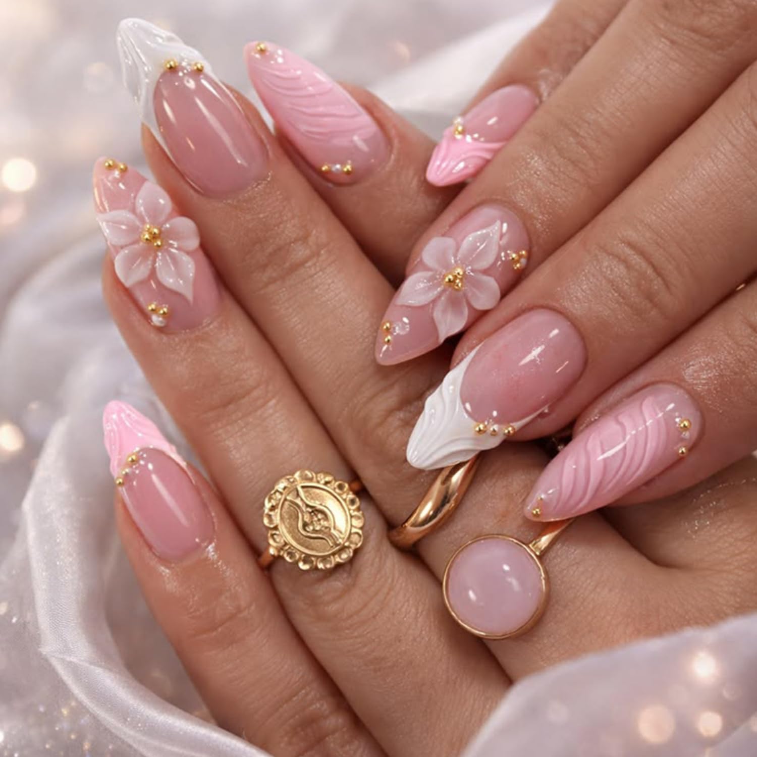 bendjoy 24pcs almond press on nails, medium pink french style nails press ons, 3d texture nail extensions for women, cute manicure set