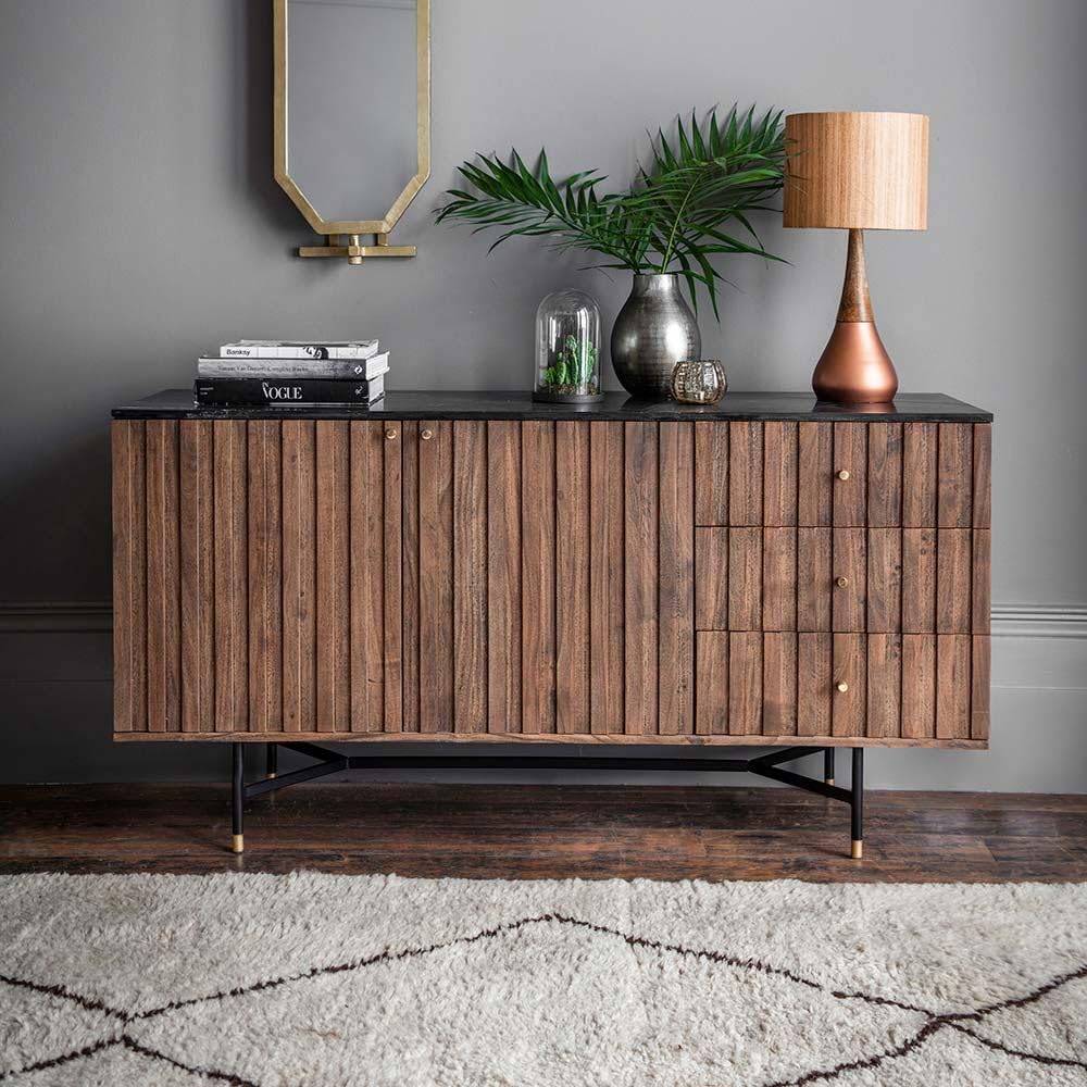 Acacia Wood Berkeley Marble Sideboard - Modern Elegance with Brass Accents Sideboard Tv Cabinet for Living Room, Side Board Table with 3 Drawer & 2 Cabinet Store, 45D x 150W x 78H Cm-image-47