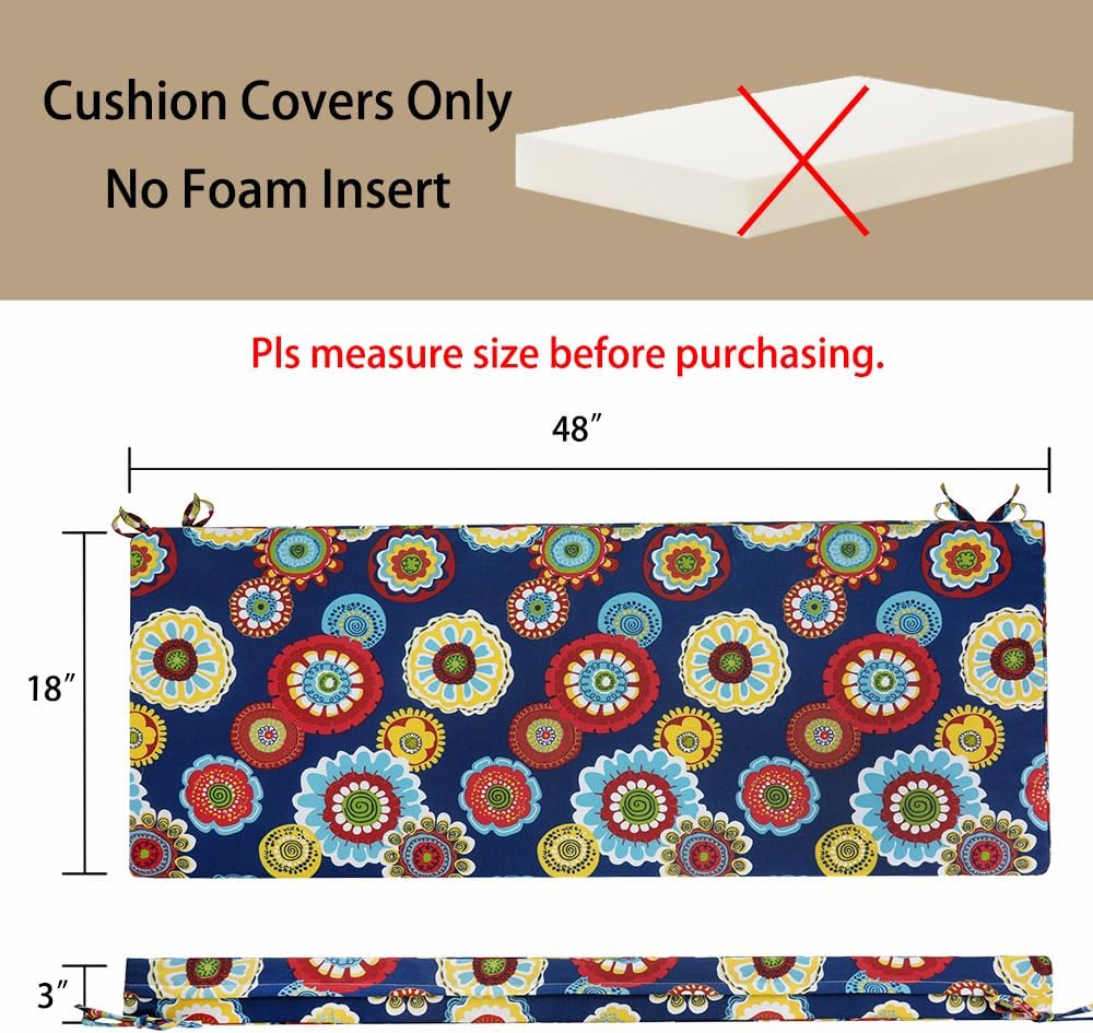 Magpie Fabrics Patio Bench Cushion Cover 48x18x3 Inch, NO Insert! Water&Fade Resistant Outdoor Loveseat Replacement Cover with Zipper (Floral Navy)