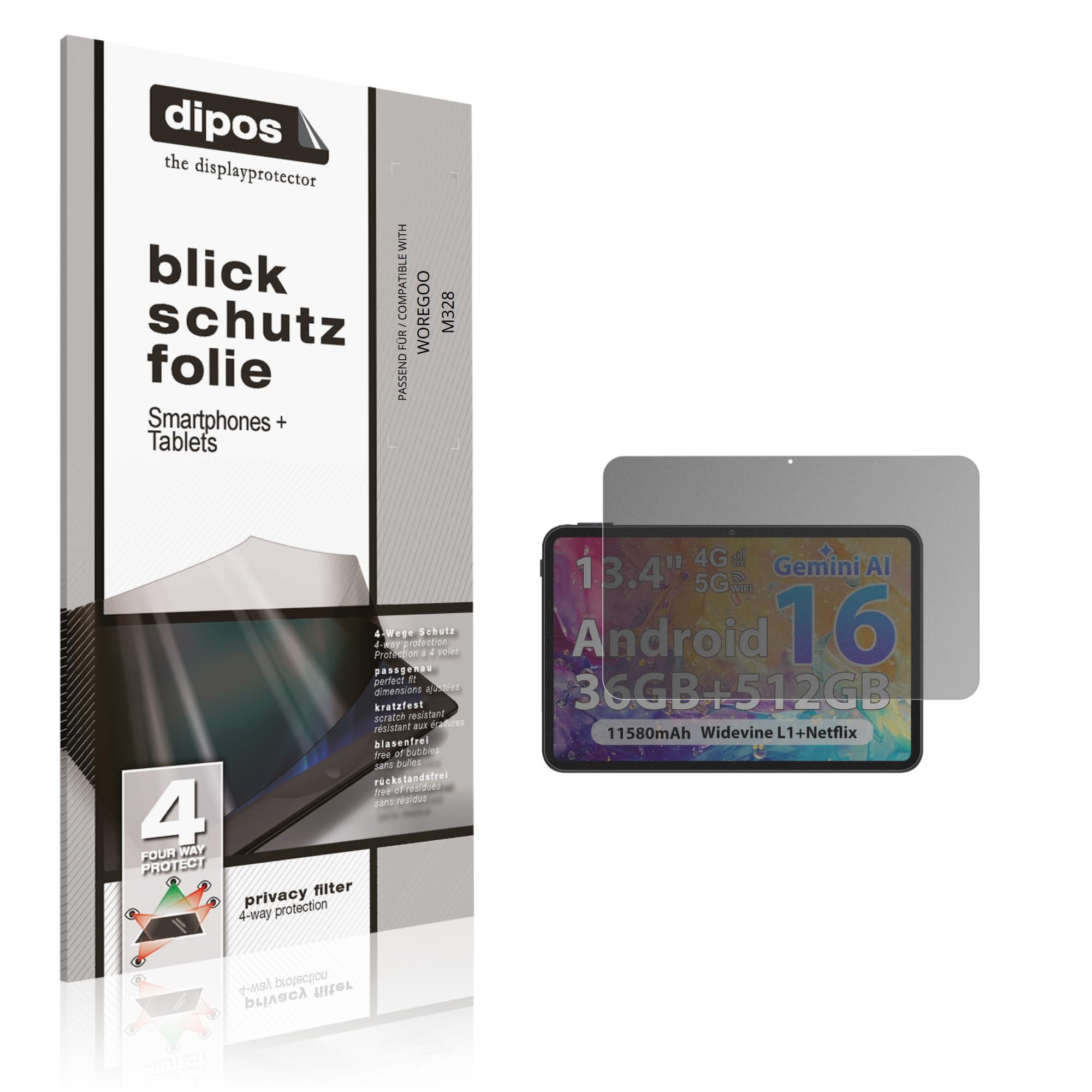 dipos Protector de Pantalla Antiespía para WOREGOO M328 | Película protectora mate, filtro de privacidad 4 vías, ajuste perfecto, antiarañazos, sin burbujas, autoadhesivo