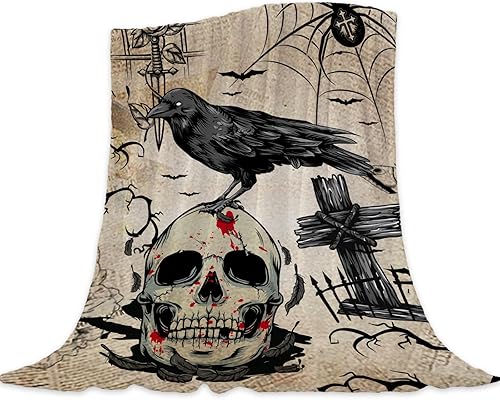 Neatee Living Manta de Halloween tamaño King, manta vintage grande de calavera para cama, sofá, otoño, ligera, mullida, suave y acogedora, manta
