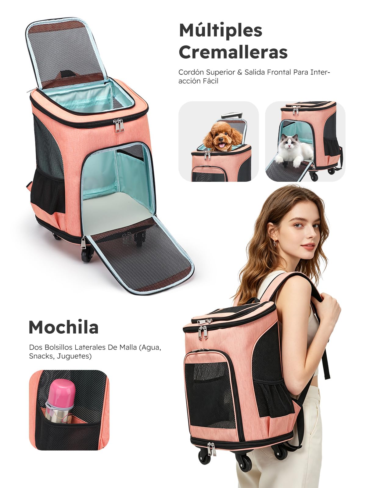 PETCUTE Mochila para Mascotas 3 en 1 con Ruedas,Transportín Transpirable para Gatos con Bolsillos,Mochila Plegable para Perros con Alfombrilla Lavable y Extraíble,Ideal para Senderismo y Viajes