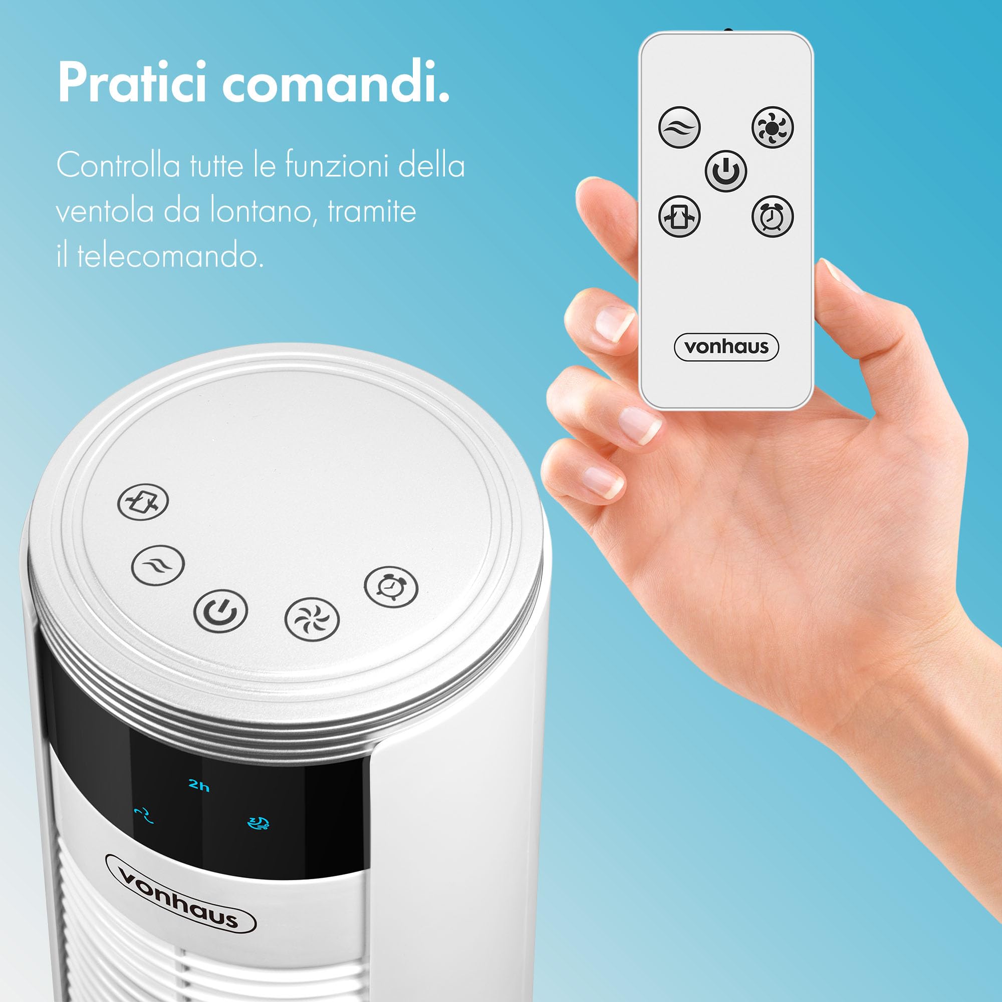 VonHaus 87cm Ventilatore a Torre Bianco, Ventilatore con Telecomando per Camere da Letto, 60W Ventilatore a Colonna- 3 Velocità, Oscillazione a 70°, Timer di 7 ore, Display a LED e Vassoio per Aromi