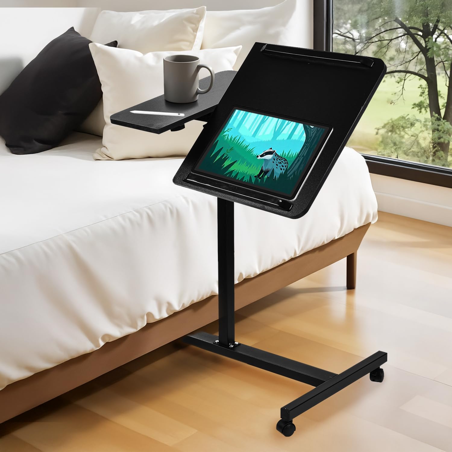 Biurko mobilne Maclean | Wysokość regulowana 59-89 cm | Podwójny blat z możliwością pochylenia 90° | Kółka z hamulcami | Nośność 30 kg | Ergonomiczne biurko komputerowe (Czarny)
