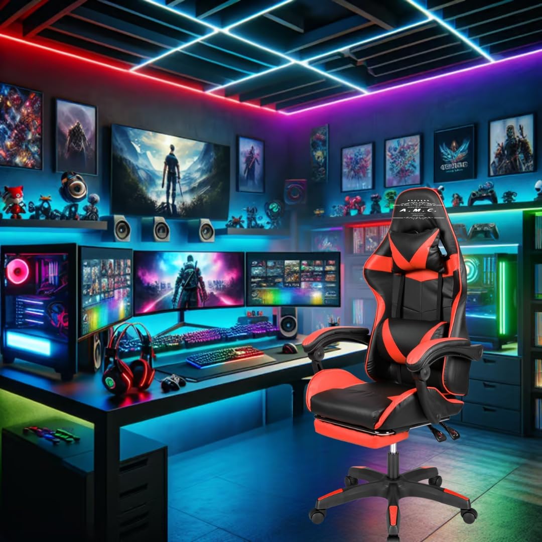 A.M.C. Sedia da Gaming Reclinabile, Poltrona Ufficio girevole, con rotelle, ergonomica, poggiatesta e cuscino lombare, Portata: 125kg (ROSSO)