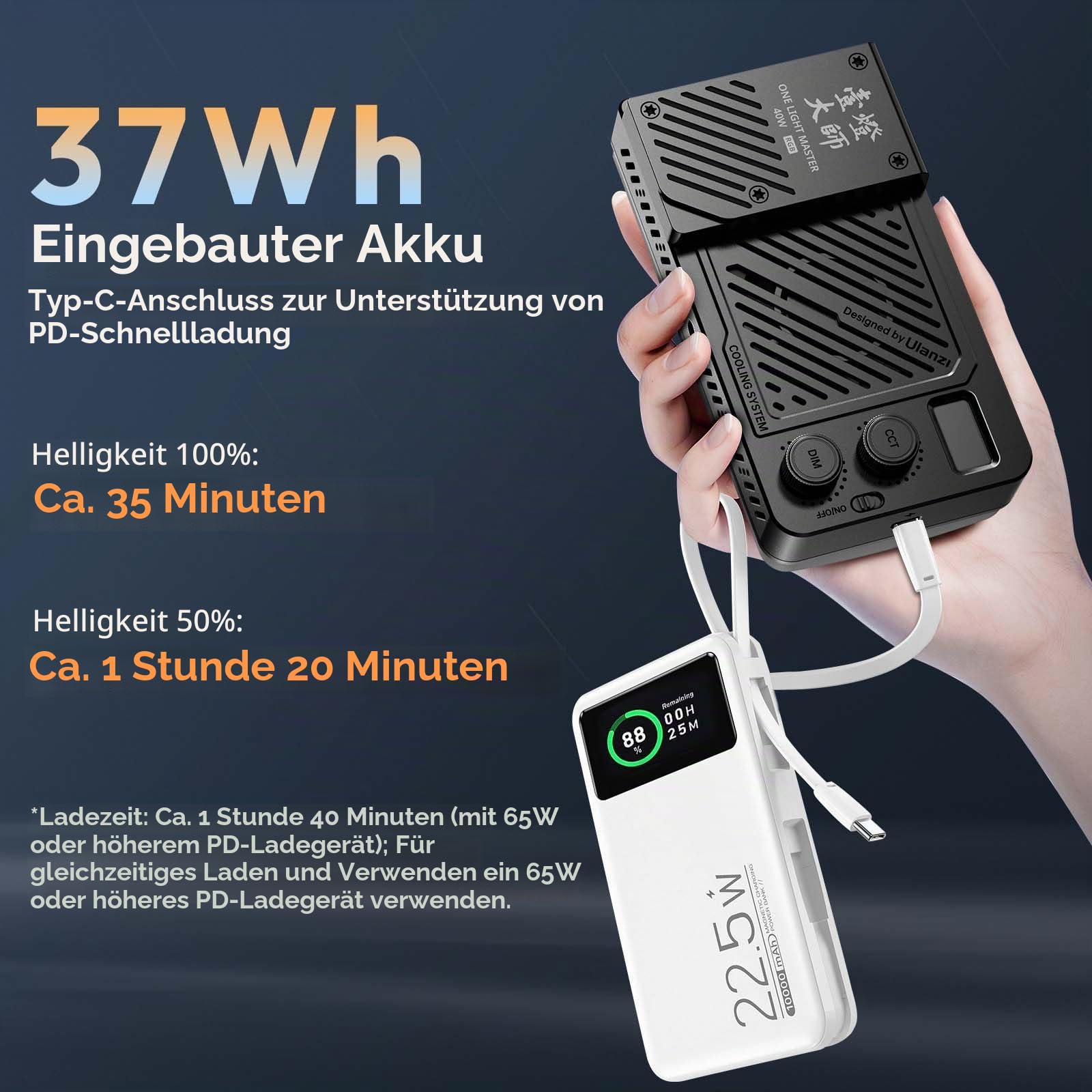 ULANZI P40 RGB LED Videolicht 40W Tragbar mit 5000mAh Akku, CRI96+ 2700K-6500K Kamera Licht, PD-Schnellladung, integrierte Lüfter, Magnetdiffusor & 1/4"-Gewinde für Foto- und Videobeleuchtung