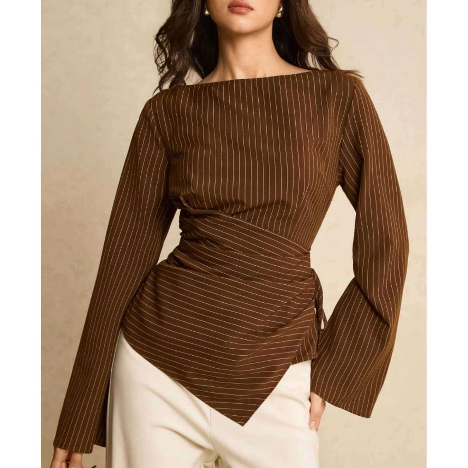Blusas de mujer con escote barco manga trompeta y detalle anudado | Cuello barco cintura entallado dobladillo asimétrico enlace de ajuste lateral ajustable estilo casual de negocios para el día