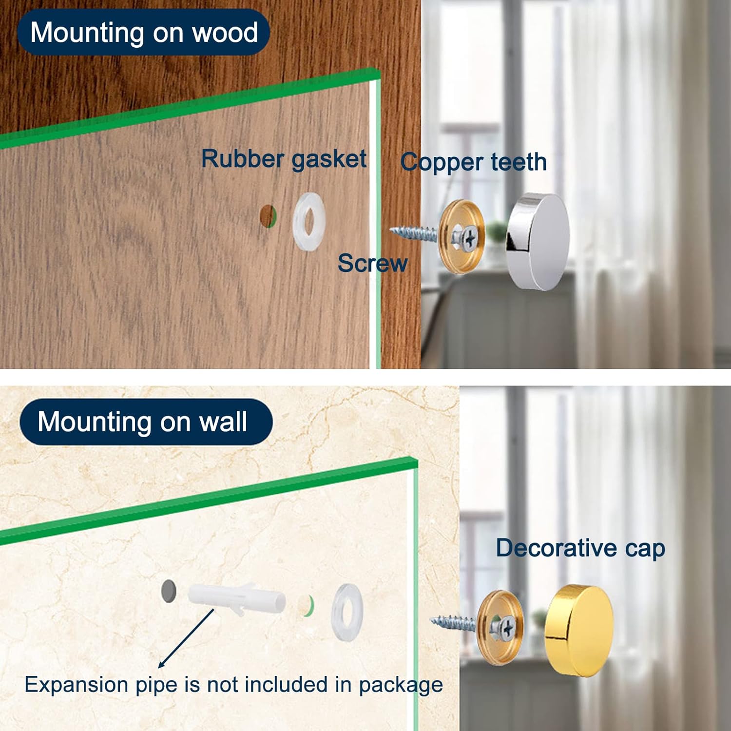 Mirror Screws Decorative Cover Cap Nails for Sign Advertising Fasteners, Polished Brass Gold, 12mm 8pcs