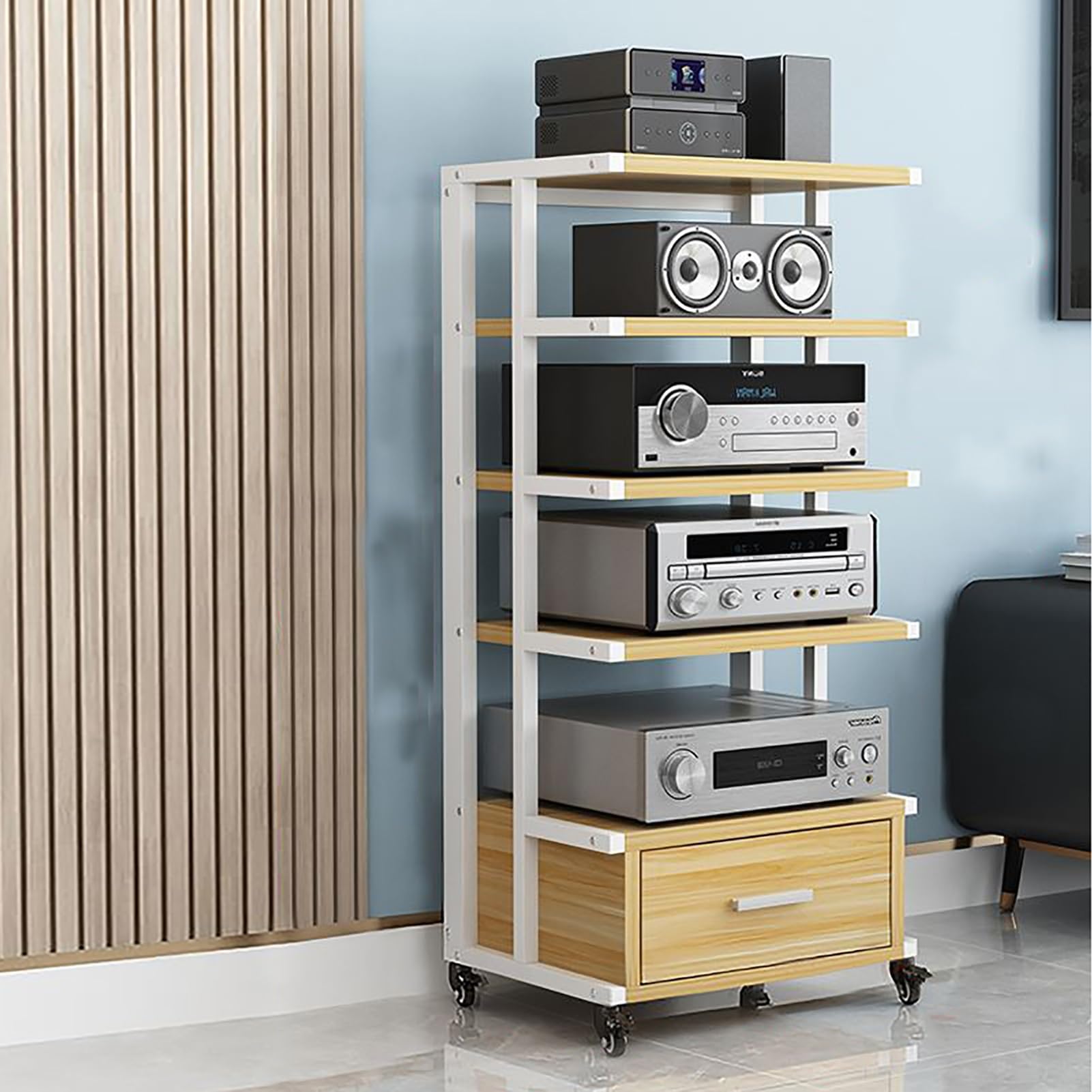 JIAHESHYP Multifunction 5-Tier Media Player Stand, DVD CD Player Stand, with Height-Adjustable Wooden Frame and Universal Wheels Suitable for Home/Office/Theater (Color : A)