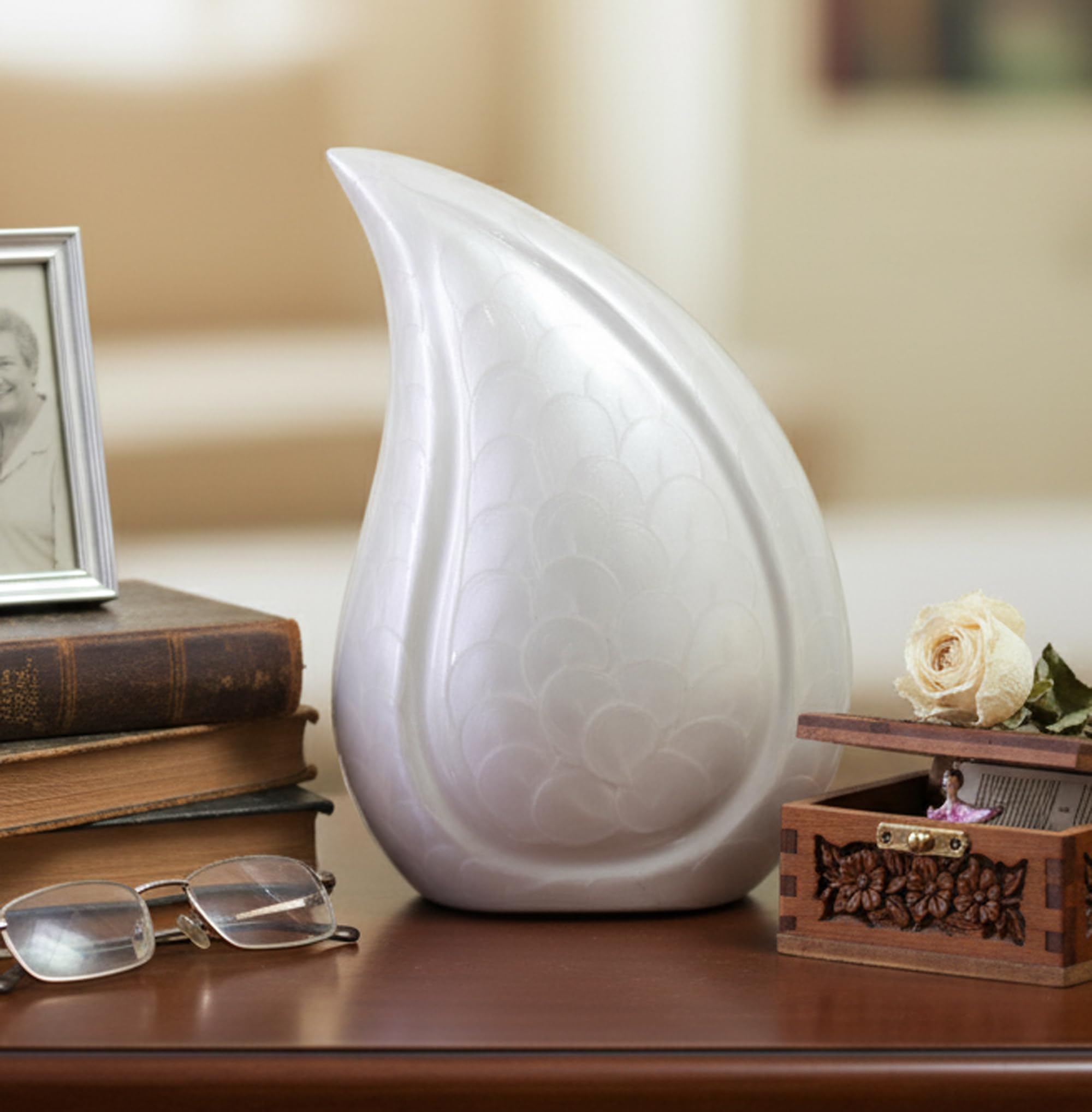 Esplanade White Teardrop Cremation Urn Memorial Container Jar | Metal Burial Urn (White)