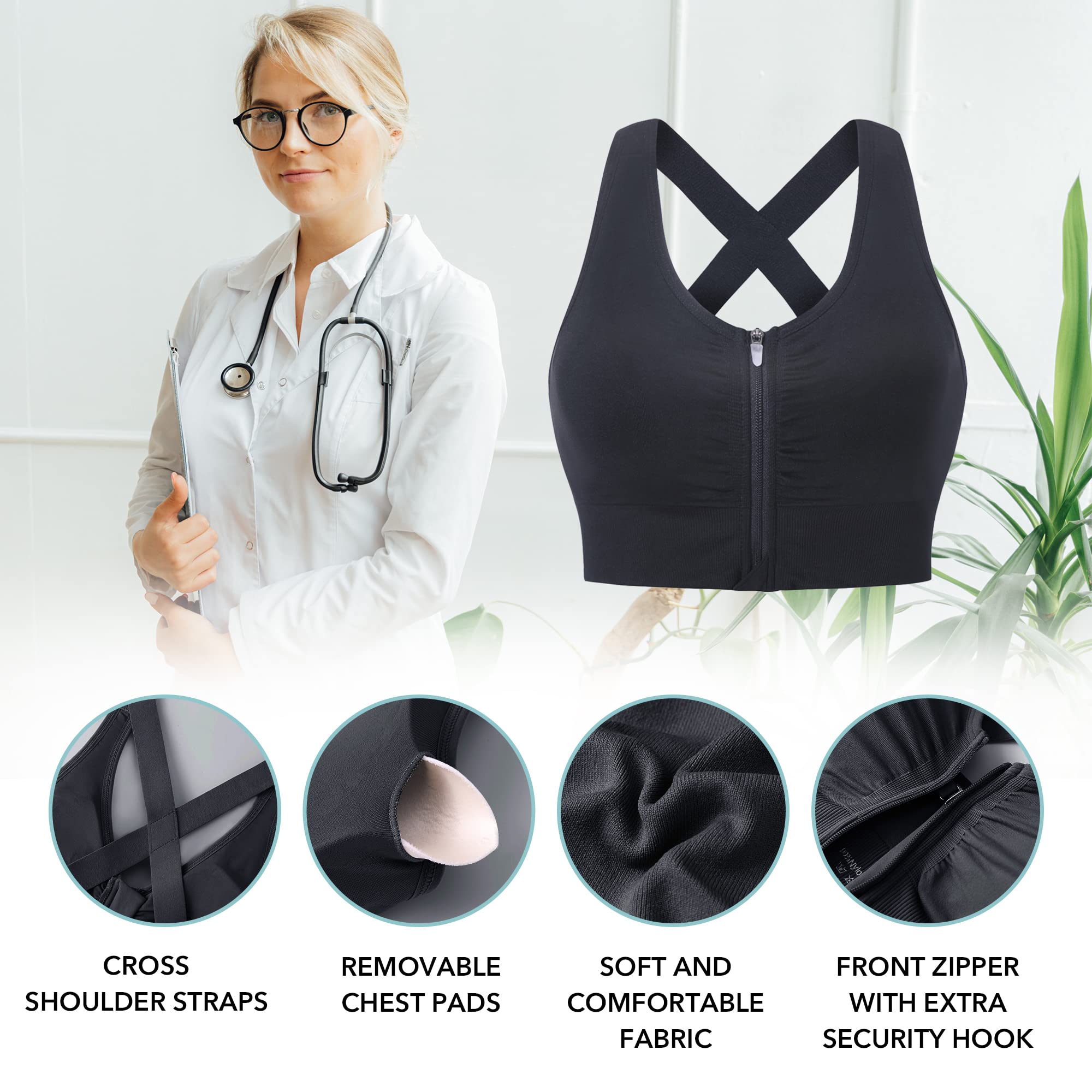 Evercute Soutien-Gorge Post-Chirurgie à Fermeture éclair sur Le Devant pour Femmes, Soutien-Gorge sans Armatures, Bretelles rembourrées, Soutien Moyen, pour Yoga, Exercice