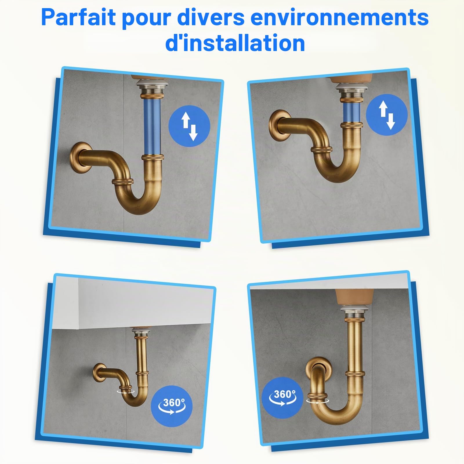 Siphon en P en acier inoxydable et vidage pop-up en laiton, 3,2 cm x 32 mm, universel pour lavabo de salle de bain et lavabo avec trop-plein, siphon anti-odeurs réglable en hauteur, finition